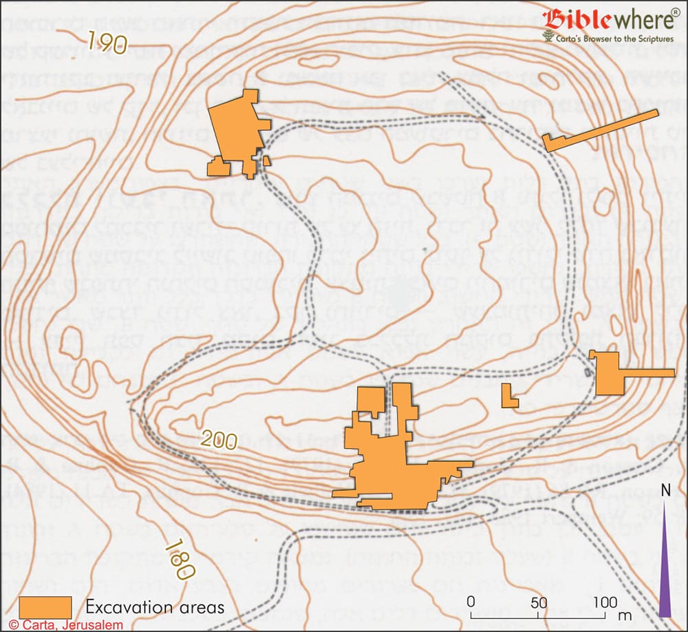 Plan of the mound, excavation areas, and principal remains